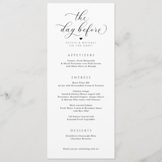 Elegant The Day Before Wedding Rehearsal Dinner Menu (Voorkant)