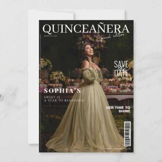 Elegant tijdschrift Quinceanera Bewaar de datum Kaart (Voorkant)