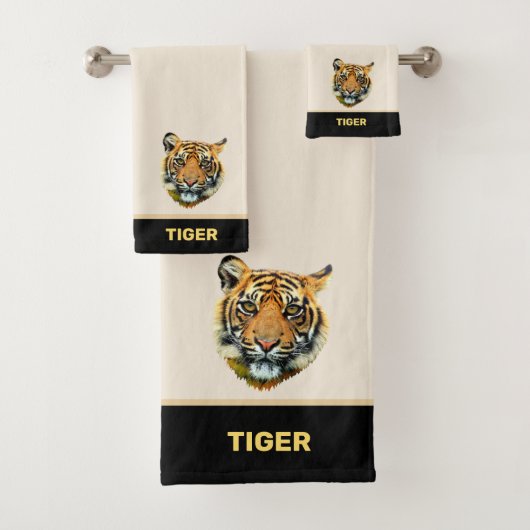 Elegant tijgergezicht op beige en zwarte tijger bad handdoek (Insitu)