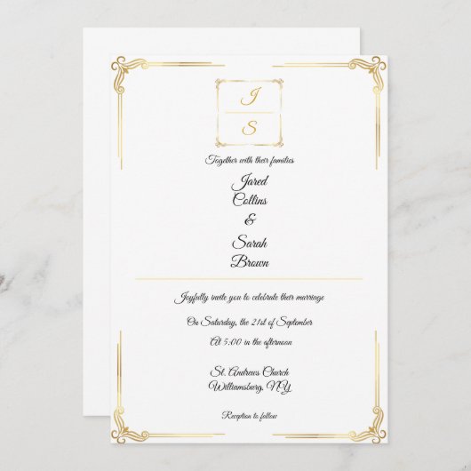 Elegant Timeless Formal Gold Wedding Invitation (Devant / Derrière)