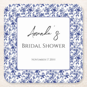 Elegant Toile Blue Floral Vrijgezellenfeest Vierkante Kartonnen Onderzetter