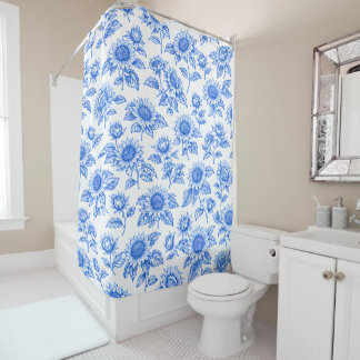 Elegant Toile du Jouy Sunflowers – Blue Botanical  Douchegordijn