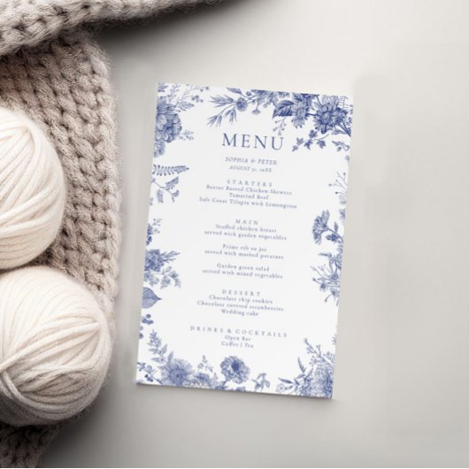 Elégant Toile Français Blue Floral Carte Menu