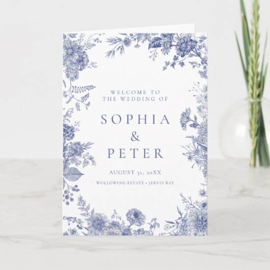 Elegant Toile Frans Blauwe Bloemige Ceremonie Prog Bedankkaart (Voorkant)