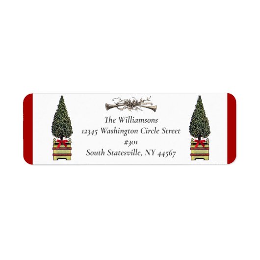 Elegant Topiary kerstboom Hunt Horn Red Bow Etiket (Voorkant)
