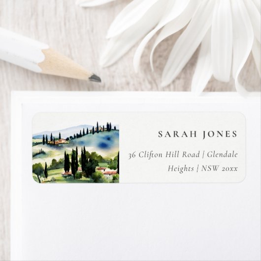 Elegant Toscane Italië Waterverf Landschap Adres Etiket (Insitu)
