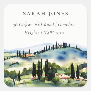 Elegant Toscane Italië Waterverf Landschap Adres Vierkante Sticker