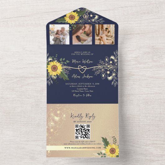 Elégant tournesol et Faire-part de mariage bleu ma (À l'intérieur)