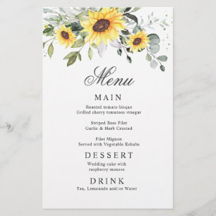 Elégant tournesol Eucalyptus Mariage Diner Menu