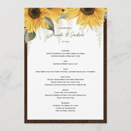 Elégant tournesol rustique, menu Mariage campagnar (Devant)
