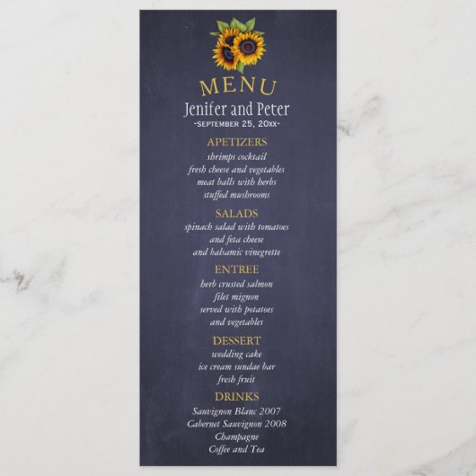 Elégant tournesol rustique tombent menu mariage ma (Devant)