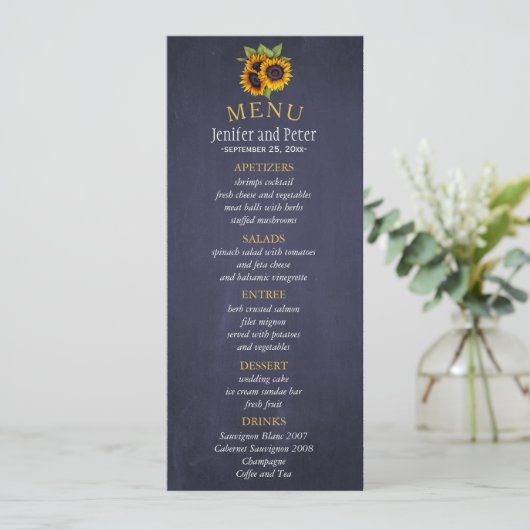 Elégant tournesol rustique tombent menu mariage ma (Debout devant)