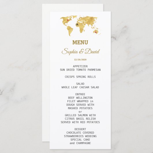 Elégant Travel Gold World Map Menu Mariage (Devant / Derrière)