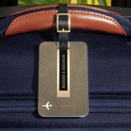 Elegant Traveller Goud Metaal & Leer Monogrammed Bagagelabel (Voorkant Insitu 2)