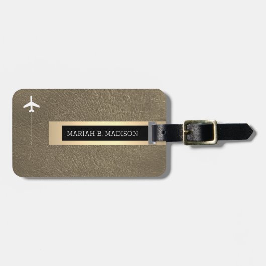 Elegant Traveller Goud Metaal & Leer Monogrammed Bagagelabel (Voorkant horizontaal)