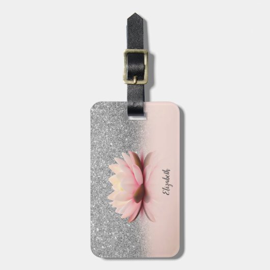 Elegant Trendy Girly, Lotus Silver Glitter Bokeh Bagagelabel (Voorkant verticaal)