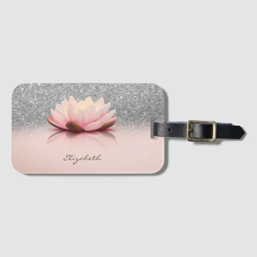 Elegant Trendy Girly, Lotus Silver Glitter Bokeh Bagagelabel (Voorkant (horizontaal))