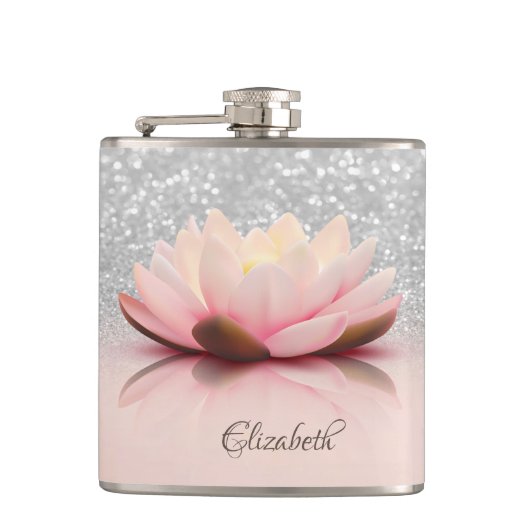 Elegant Trendy Girly, Lotus Silver Glitter Bokeh Heupfles (Voorkant)