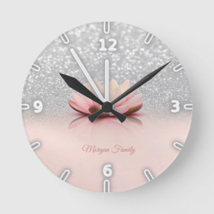 Elegant Trendy Girly, Lotus Silver Glitter Bokeh Ronde Klok