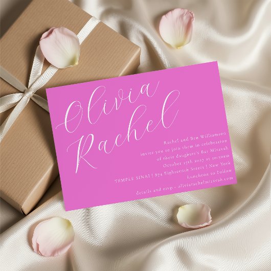 Elegant Trendy Hot Pink Script Minimal Bat Mitzvah Kaart