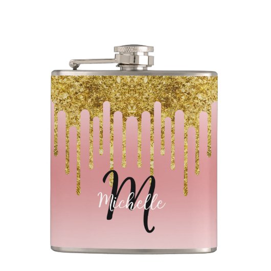 Elegant Trendy Roze Gouden Glitter Monogram Initia Heupfles (Voorkant)