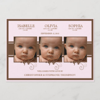 Elégant Triplet Photo Baby Girl Faire-part de nais