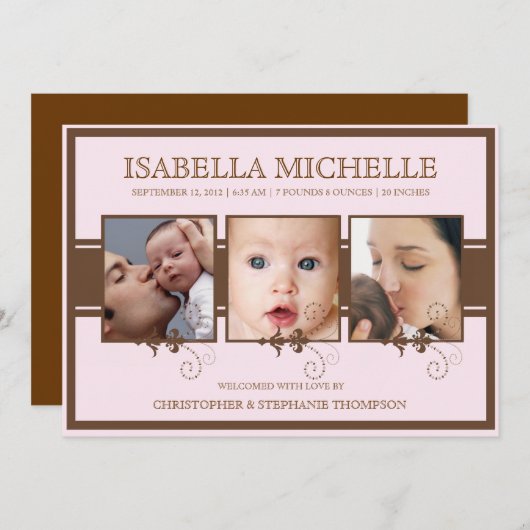 Elégant trois photo bébé fille Faire-part de naiss (Devant / Derrière)