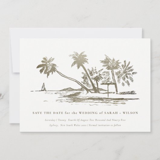 Elegant Tropical Beach Palm Tree Bleek Gold Save The Date (Voorkant)