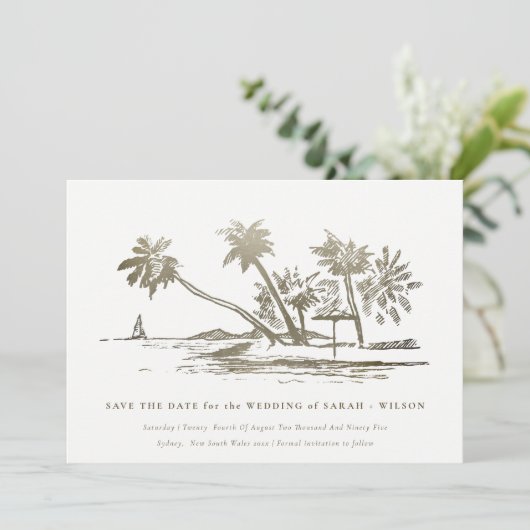 Elegant Tropical Beach Palm Tree Bleek Gold Save The Date (Staand voorkant)