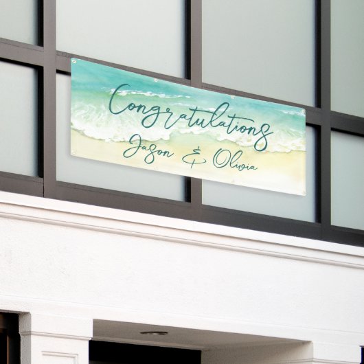 Elegant Tropical Beach Wedding Gefeliciteerd Spandoek (Buitenkant Gebouw)