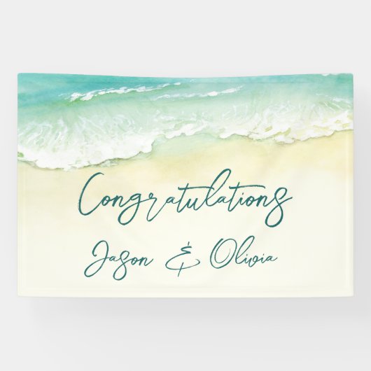 Elegant Tropical Beach Wedding Gefeliciteerd Spandoek (Horizontaal)