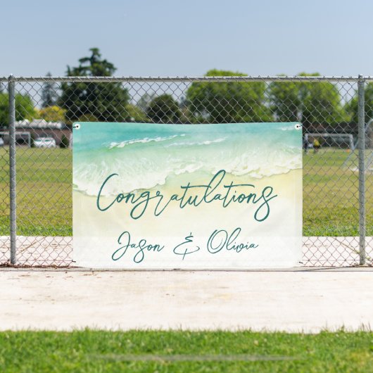 Elegant Tropical Beach Wedding Gefeliciteerd Spandoek (Insitu)