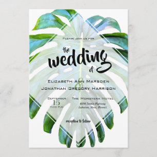 Elegant Tropical Beach Wedding Monstera Leaf Kaart