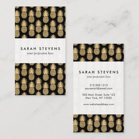 Elegant Tropical Black en Gold Pineapple Pattern Visitekaartje (Voorkant / Achterkant)