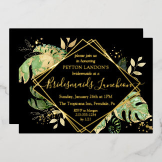 Elegant Tropical Black & Gold Bridesmaids Luncheon Folie Uitnodiging