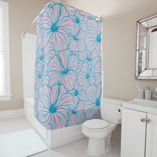 Elegant Tropical Blue Floral Hibiscus Pattern | Douchegordijn (In situ)