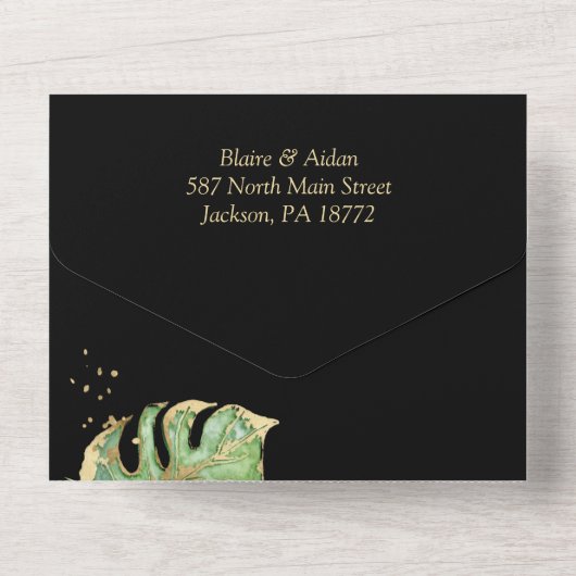 Elegant Tropical Botanical Black & Gold Weddenscha All In One Uitnodiging (Achterkant)