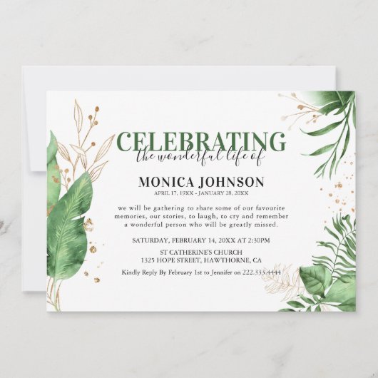 Elegant Tropical Botanical Greenery & Gold Funeral Kaart (Voorkant)