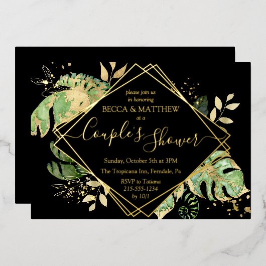 Elegant Tropical Couple's Shower Black & Gold Foil Folie Uitnodiging (Voorkant / Achterkant)