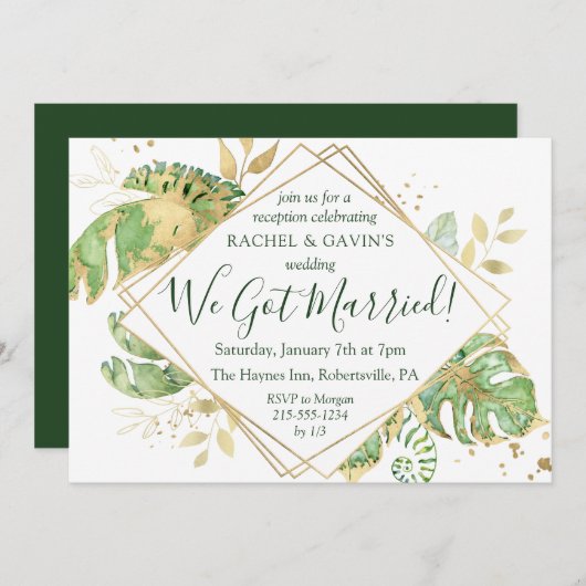 Elegant Tropical Elopement Weddenschap Reception Kaart (Voorkant / Achterkant)