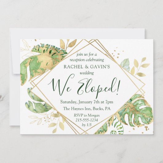 Elegant Tropical Elopement Weddenschap Reception Kaart (Voorkant)