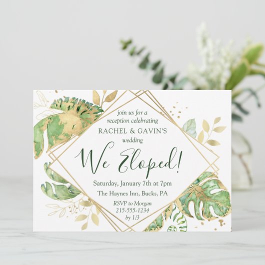 Elegant Tropical Elopement Weddenschap Reception Kaart (Staand voorkant)