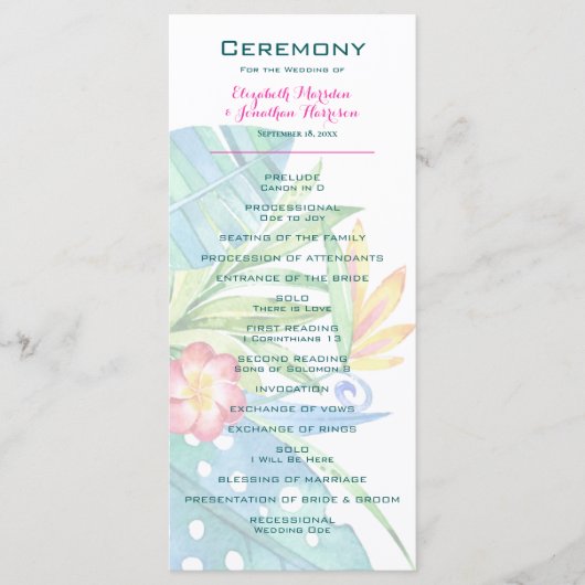 Elegant Tropical Floral Blauwgroen Berry Pink Wedd Programma (Voorkant)