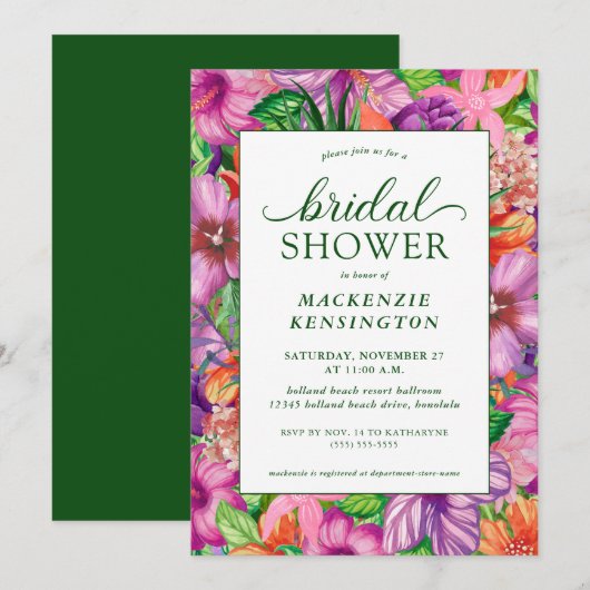 Elégant Tropical Floral Bridal Shower Invitation (Devant / Derrière)