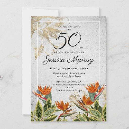 Elegant Tropical Flower 50th Birthday Invitation (Voorkant)