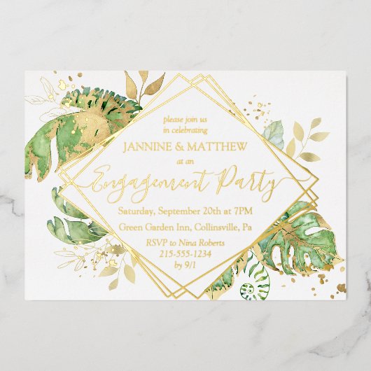 Elegant Tropical Foliage Engagement Party Gold Folie Uitnodiging (Voorkant)