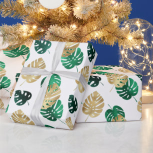 Elegant Tropical Gold en Green Monstera Leaves Cadeaupapier