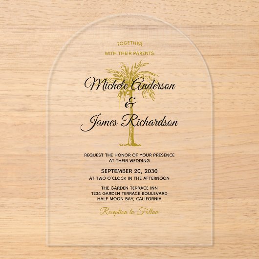 Elegant Tropical Gold Palm Tree Weddenschap Acryl Uitnodigingen (Voorkant)