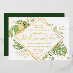 Elegant Tropical Green & Gold Bridesmaid Tea Party Folie Uitnodiging