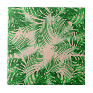 Elegant Tropical green palm leaves pattern pink ba Tegeltje